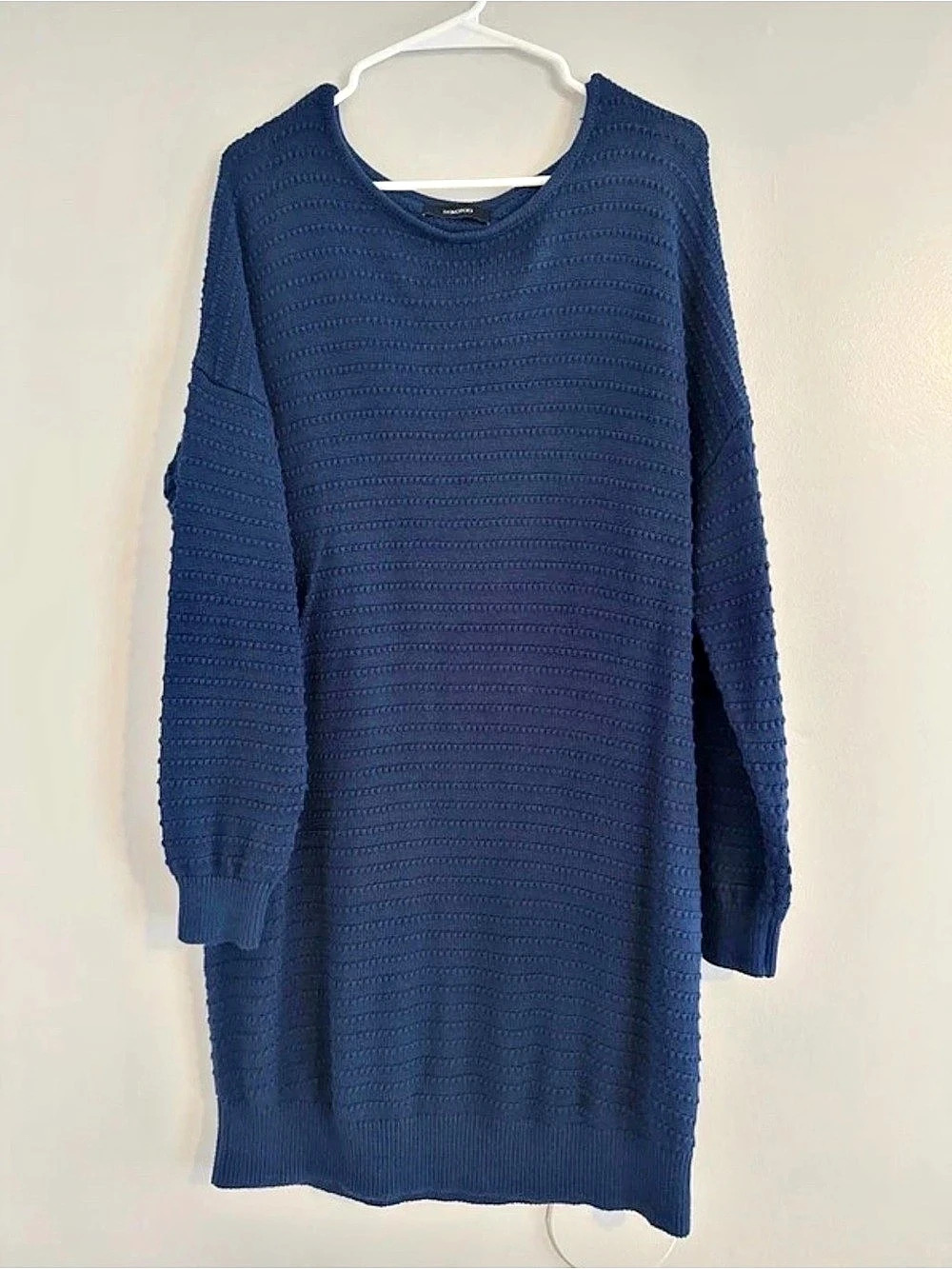 Batwing Sleeve Textured Knit Sweater Dress Blue